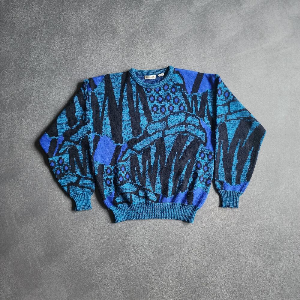 Vintage 90's Koman Abstract Blue Acrylic Knit Grandpa Sweater Large